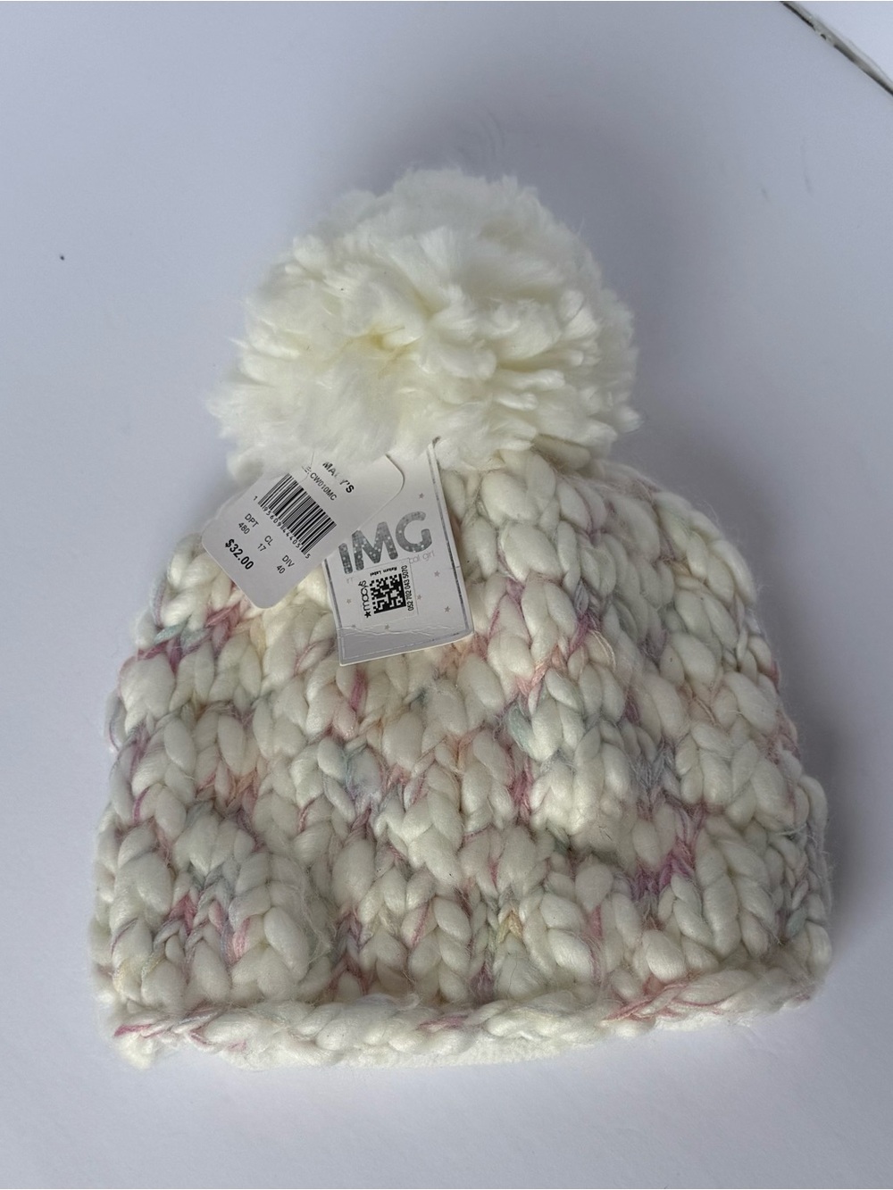 Macy's Cream Knit Pom Hat with Subtle Pastel Threads